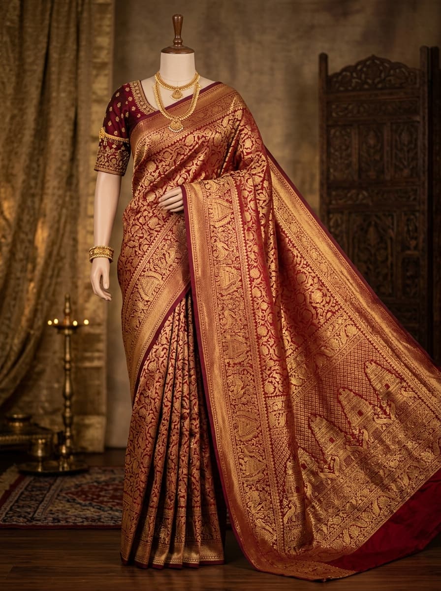 Maroon Zari Kanchipuram Saree